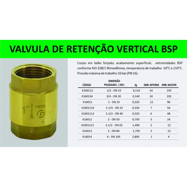 Válvula de Retenção Vertical em Latão 1.1/2